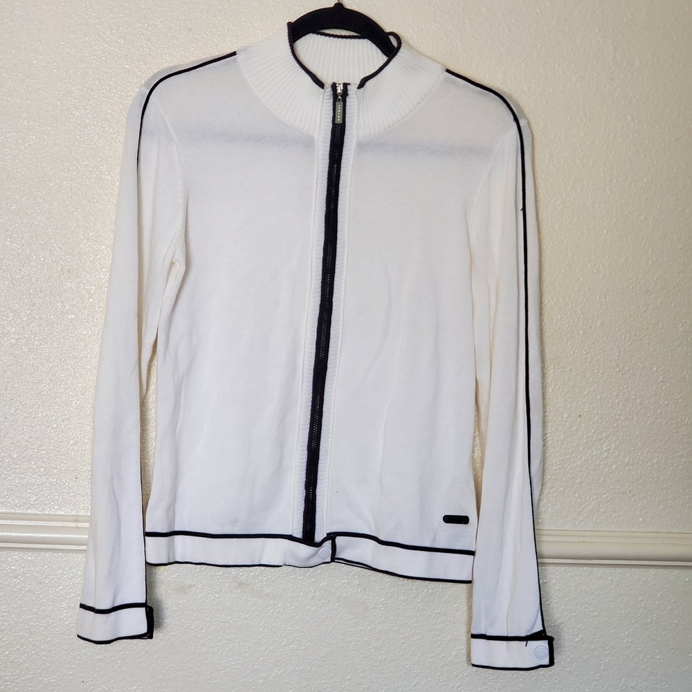 Annika Cutter &Buck Womens White Cotton Full Zip Golf Sweater Small Contrast Trm